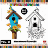 Birdhouse coloring page featuring a colorful design with flowers and birds, part of the cozy coloring book series from artcoloringpage.com.