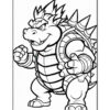 A cartoonish, muscular reptilian character with spiked armor, standing confidently with a clenched fist and a fierce expression, outlined in black and ready for coloring.