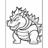A cartoon-style line drawing of a large, muscular dragon with a spiked back and menacing expression, designed for coloring. The dragon stands with its knees slightly bent and arms crossed, showcasing its prominent claws and a rounded belly.