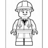 A cartoon-style line drawing of a Lego construction worker figure wearing a hard hat and a jacket with a collar. The character has a friendly smile and has both arms raised slightly, with details of pockets on the jacket and pants clearly outlined.