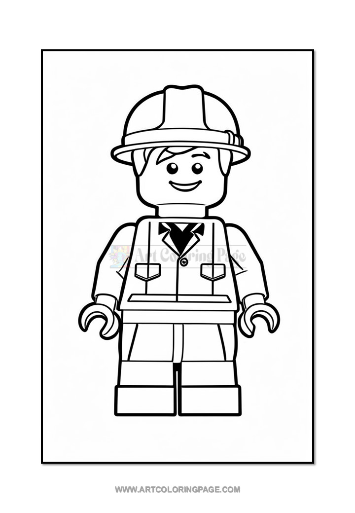 A cartoon-style line drawing of a Lego construction worker figure wearing a hard hat and a jacket with a collar. The character has a friendly smile and has both arms raised slightly, with details of pockets on the jacket and pants clearly outlined.