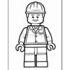 A black and white outline drawing of a Lego construction worker figure, wearing a hard hat and a collared shirt, with a smile on its face and hands connected to movable arms.