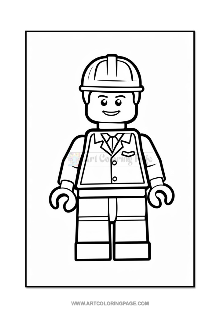 A black and white outline drawing of a Lego construction worker figure, wearing a hard hat and a collared shirt, with a smile on its face and hands connected to movable arms.