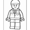 A black and white outline illustration of a lego-style figurine wearing a suit and tie, with a friendly smile and a helmet-like headpiece, standing with arms slightly raised, designed for coloring.