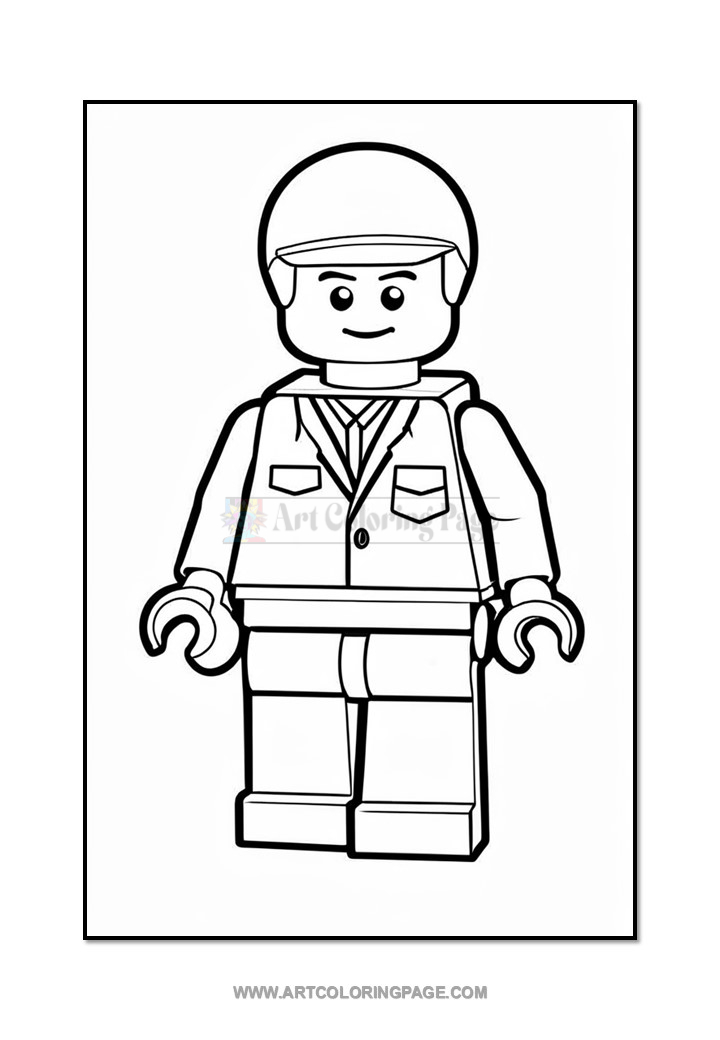 A black and white outline illustration of a lego-style figurine wearing a suit and tie, with a friendly smile and a helmet-like headpiece, standing with arms slightly raised, designed for coloring.
