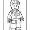 A coloring page featuring a LEGO-style minifigure with a smiling expression, wearing a button-up shirt with two pockets and pants. The figure has wavy hair and is posed standing with arms at its sides.