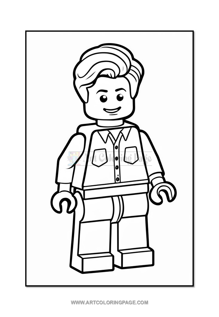 A coloring page featuring a LEGO-style minifigure with a smiling expression, wearing a button-up shirt with two pockets and pants. The figure has wavy hair and is posed standing with arms at its sides.