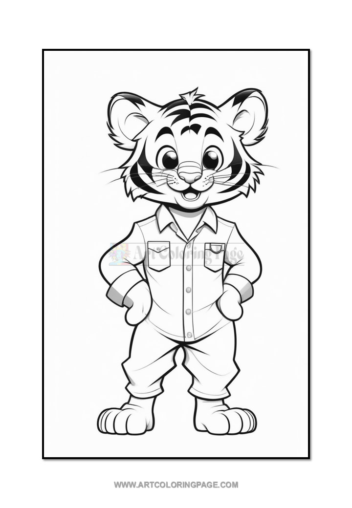 A cartoon tiger character standing confidently with hands on hips, wearing a button-up shirt and pants, showcasing a friendly expression with prominent stripes on its face and ears.