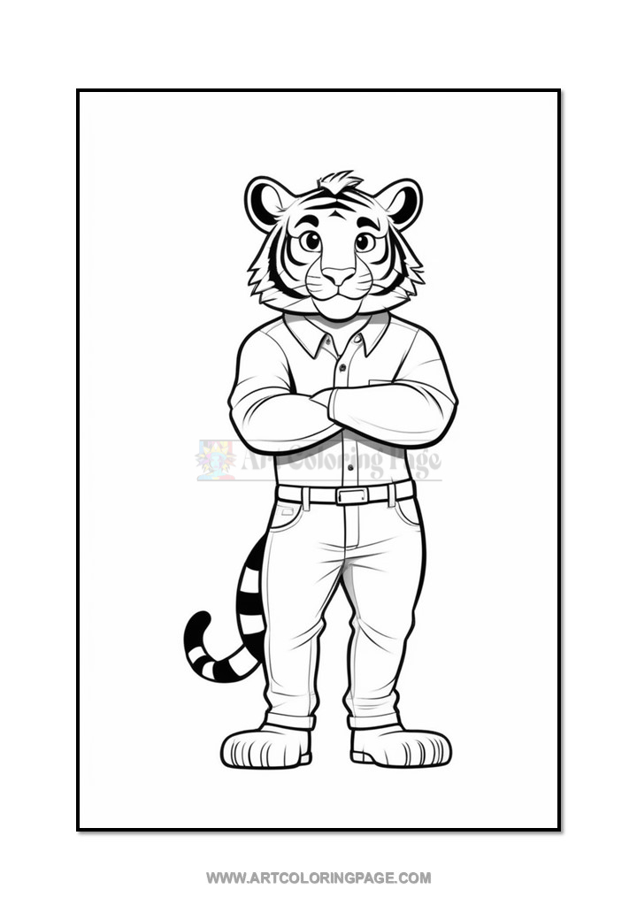 A cartoon tiger standing confidently with arms crossed, wearing a button-up shirt and jeans, featuring a distinctive striped face and a bushy tail.