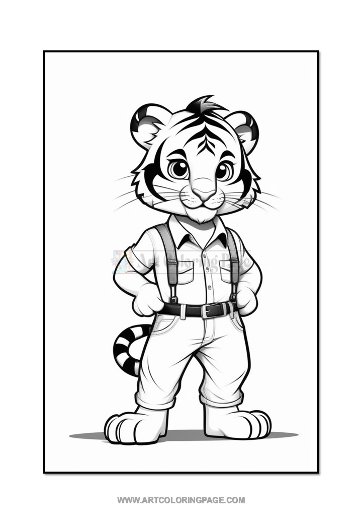 A cartoon tiger character stands confidently with hands on hips, wearing a collared shirt, suspenders, and pants. The tiger has a playful expression, large eyes, and distinctive stripes. It features a bushy tail with black and white rings.