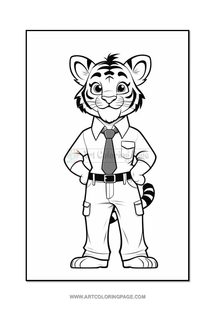 A cartoon tiger character standing upright, wearing a button-up shirt, tie, and pants, with a friendly expression. The tiger has striped features, big eyes, and a tail, adding a playful touch to the outfit.