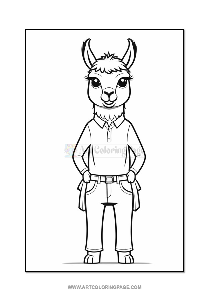 A cartoon llama character standing upright, wearing a button-up shirt and jeans, with hands on hips. The character has distinctive llama features, including long ears and a friendly expression. The illustration is outlined and intended for coloring.