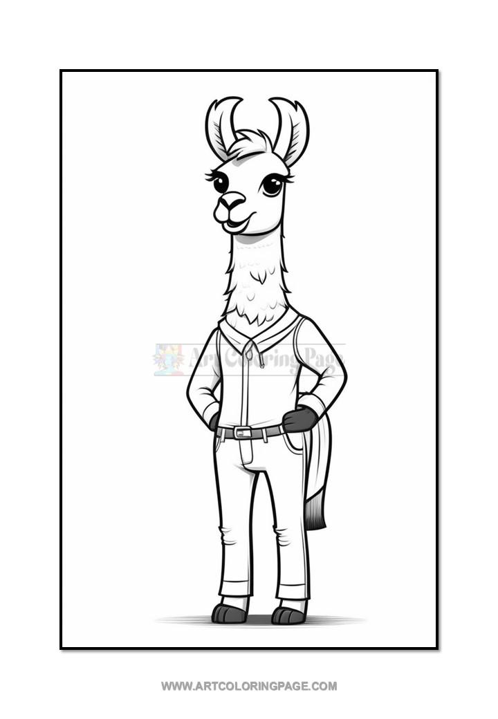 A cartoon llama character stands with its hands on its hips, wearing a button-up shirt and pants. The llama features a friendly expression with large eyes and a fluffy neck.