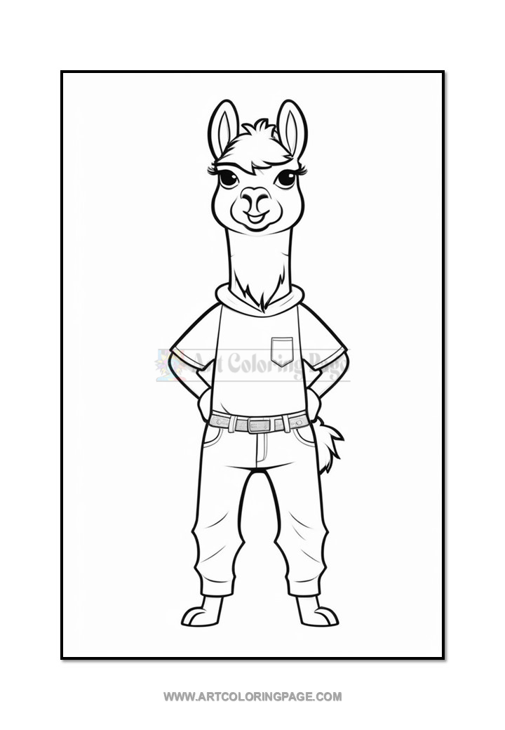 A cartoon llama standing confidently with its arms crossed, wearing a casual outfit that includes a button-up shirt and baggy pants. The llama has long eyelashes and styled fur on its head.