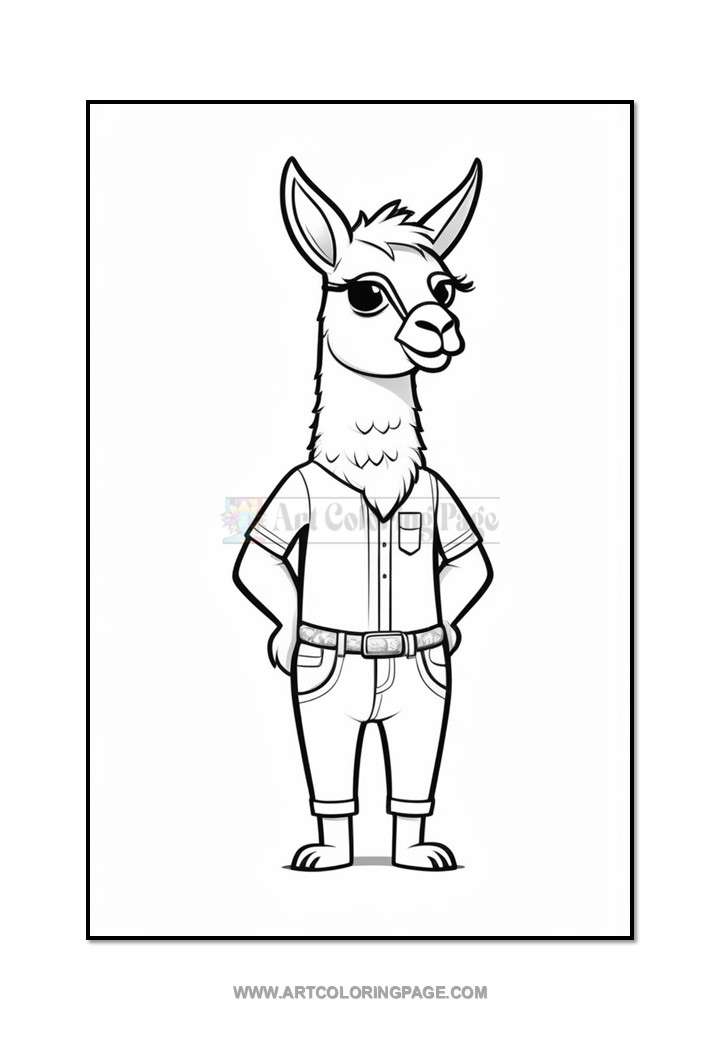 A cartoon llama character standing confidently, wearing a button-up shirt and jeans, with a playful expression and its arms crossed.