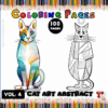 Abstract cat art coloring page featuring two distinct designs, promoting a coloring book with 100 pages available at artcoloringpage.com.