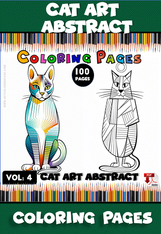 Abstract cat art coloring page featuring two distinct designs, promoting a coloring book with 100 pages available at artcoloringpage.com.