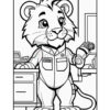 A cartoon lion character with a friendly expression, wearing a jumpsuit and holding a robotic arm accessory. The background features a desk with various tools and a monitor.