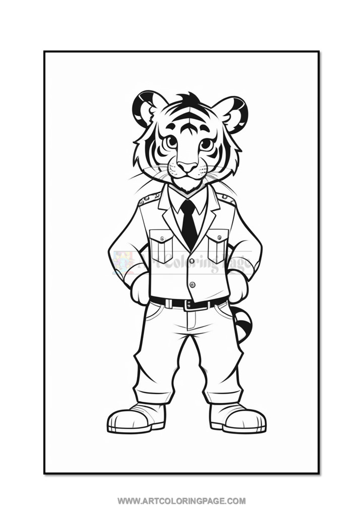 A cartoon tiger dressed in a formal outfit with a suit jacket, tie, and pants, standing confidently with arms crossed.