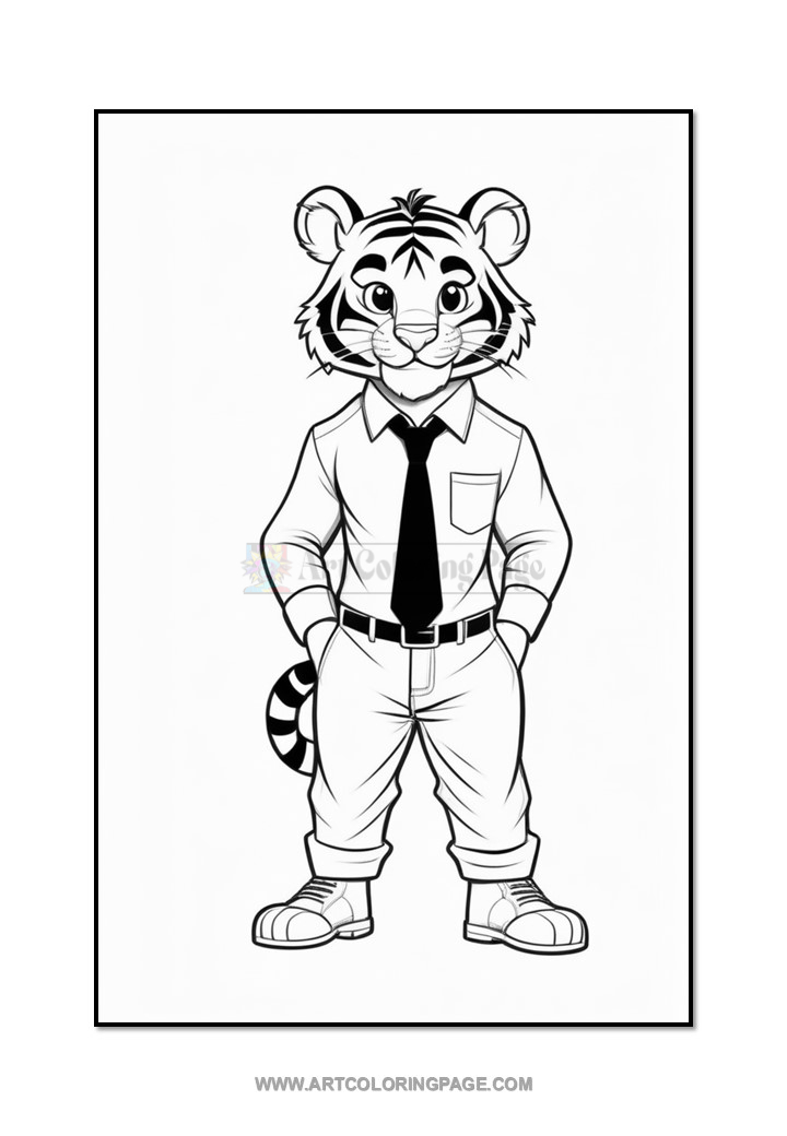 A cartoon tiger character dressed in a button-up shirt, tie, and pants, standing with hands in pockets, featuring distinct striped fur and a playful expression.