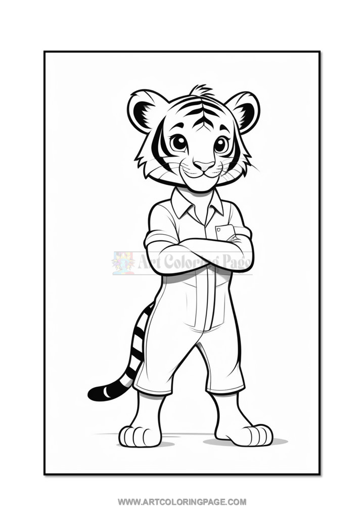 A cartoon tiger character standing confidently with arms crossed, wearing a shirt and overalls, featuring distinct striped fur and a friendly expression.