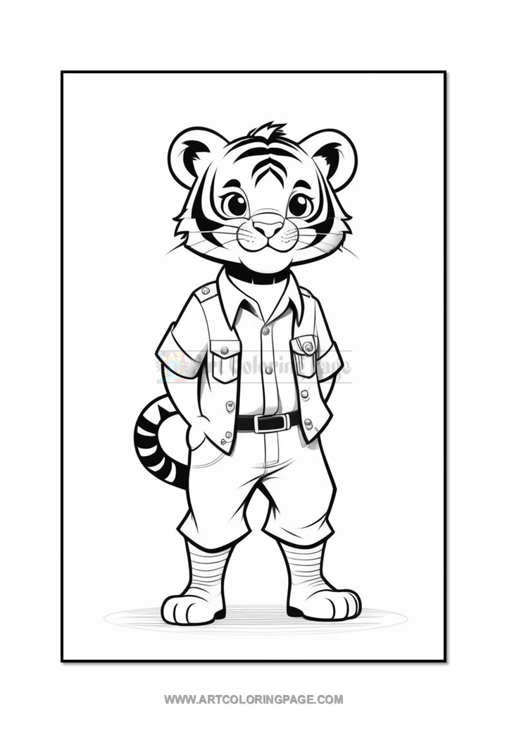 A cartoon tiger character wearing a button-up shirt and shorts, standing upright with a friendly expression, hands on its hips. The tiger has distinct stripes and a tufted hairstyle, with a long tail visible behind it.