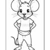 A cartoon mouse character standing with hands on hips, wearing a short-sleeved shirt and pants, featuring large ears and a smiling expression, in a black and white coloring page style.