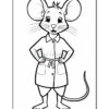 A cartoon mouse standing upright, wearing a buttoned shirt and an apron with pockets, hands on hips and smiling, with large ears and a long tail.