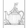 A whimsical teapot resembling a house with a pitched roof, complete with a small door and windows, surrounded by flowers and grass, with a butterfly perched on top.