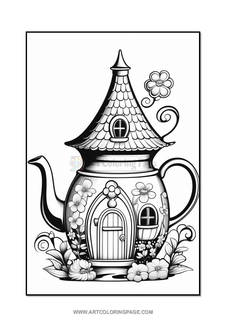A whimsical teapot designed to look like a house, featuring a pointed roof, a door, and flower decorations, surrounded by plants and blossoms.