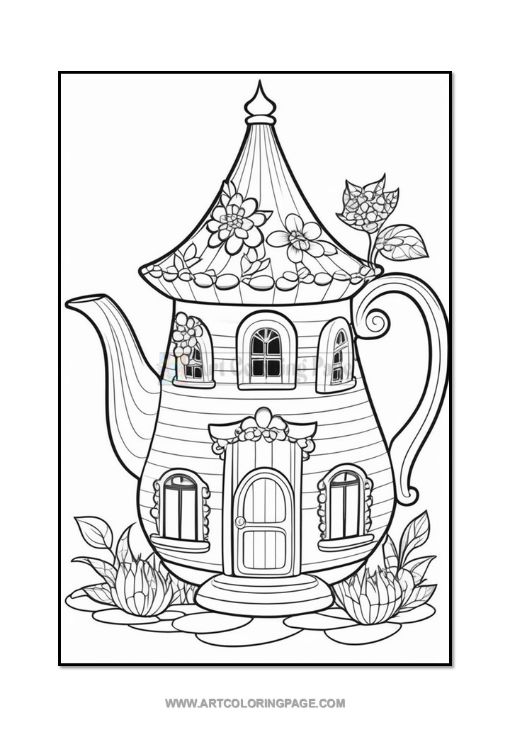 A whimsical teapot-shaped house with a pointed roof adorned with flowers, featuring a door and windows, surrounded by leafy plants and stones in a garden setting.