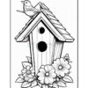 A black and white illustration of a birdhouse with a bird perched on top, surrounded by flowers and leaves, featuring a slanted roof and two circular holes on the front.