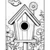A coloring page featuring a birdhouse with a round entrance, surrounded by various flowers and a small bird perched above. The design is outlined in black and ready for coloring.