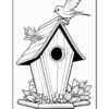 A black and white outline drawing of a birdhouse topped with a small bird, surrounded by flowers and foliage at the base, set against a plain background.