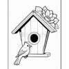A simple line drawing of a birdhouse with a flower on the roof, accompanied by a small bird perched on the side.