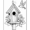 A black and white illustration of a birdhouse surrounded by flowers, with a small bird flying near it.