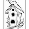 A birdhouse with a small bird perched on top, featuring a slanted roof, circular entry holes, and decorative leaves and flowers around its base.