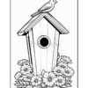 A coloring page illustration featuring a birdhouse with a bird perched on top and surrounded by various flowers, all outlined in black and white.