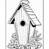 A black and white outline drawing of a birdhouse with a sloped roof and a round entrance hole, surrounded by various flowers and foliage at its base.