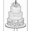 A line drawing of a three-tiered birthday cake with a decorative flower on top and a candle, featuring floral designs around the base of the cake and set on a round cake stand.