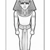 A black and white line drawing of an Egyptian pharaoh, standing upright with a broad headdress and a sash around the waist, featuring a neatly detailed face with a slight smile and outstretched hands.