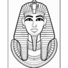 A black and white line drawing of an ancient Egyptian queen or pharaoh, featuring a headpiece with a cobra at the front, elaborate striped headdress, and large earrings. The facial features include bold eyes and a pronounced mouth, with decorative elements around the collar.