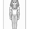 A black and white line drawing of an ancient Egyptian figure resembling a pharaoh, adorned with a headdress, jewelry, and traditional garments standing upright.