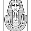 A black and white line drawing of a regal figure resembling an ancient Egyptian queen. The figure has a detailed headdress, large eyes, and is adorned with a broad collar necklace featuring geometric patterns.