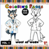 Coloring page featuring a cartoon wolf in a lab coat, with a colored and uncolored version. Ideal for a cozy coloring book on artcoloringpage.com.