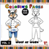Coloring page featuring a chef wolf in colorful outfit and a black-and-white version, promoting cozy coloring book fun at artcoloringpage.com.