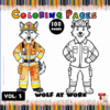 A cartoon wolf dressed in a firefighter outfit next to a line drawing of the same wolf in a work uniform, with a colorful pencil border.