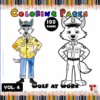 A coloring page featuring two cartoon wolves in uniform: one is colored in and the other is an outline for coloring.