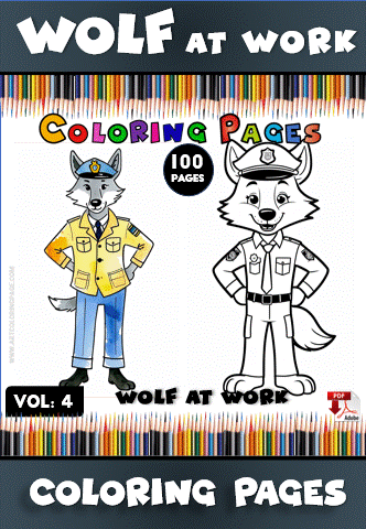 A coloring page featuring two cartoon wolves in uniform: one is colored in and the other is an outline for coloring.