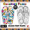 A coloring page featuring two pairs of beach flip flops, one pair decorated with colorful patterns and the other outlined with floral designs for coloring, with the title 'Beach Flip Flops' and 'Coloring Pages' prominently displayed at the top.